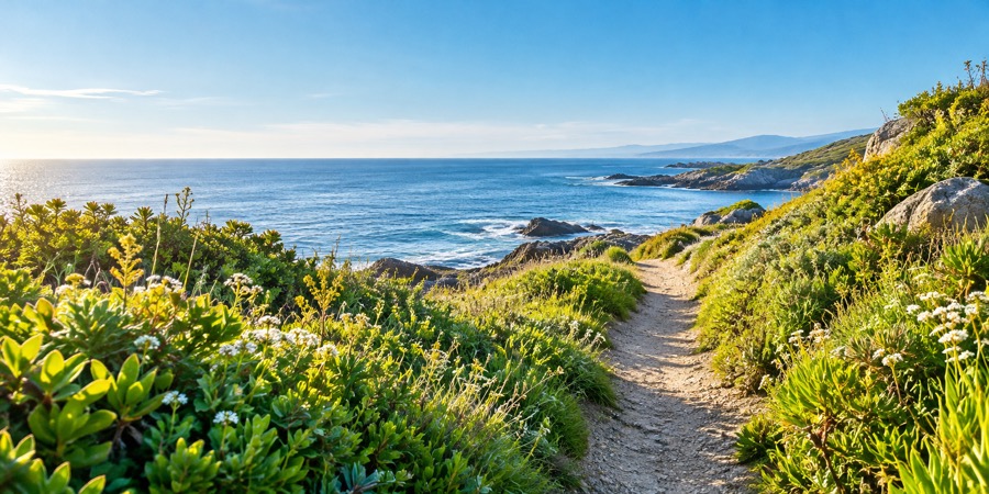 A quiet path following a green coastline